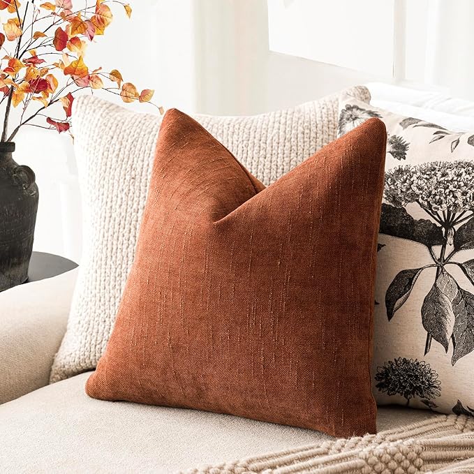 Foindtower Pack of 2 Soft Textured Throw Decorative Pillow Covers Square Accent Solid Cushion Cover Cozy Farmhouse Pillow Case with Zipper for Couch Sofa Bed Living Room 16x16 Inch, Burnt Orange