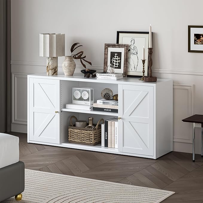 Metal TV Stand for 65 Inch TV, Farmhouse TV Entertainment Center with Storage Cabinets and Adjustable Shelves, Modern Media TV Console Table, TV Cabinet for Living Room, White