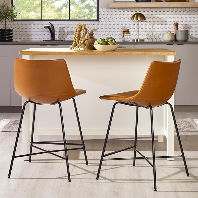Walker Edison Xuma Modern Faux Leather Armless Low Back Counter Stool, Set of 2, Whiskey Brown