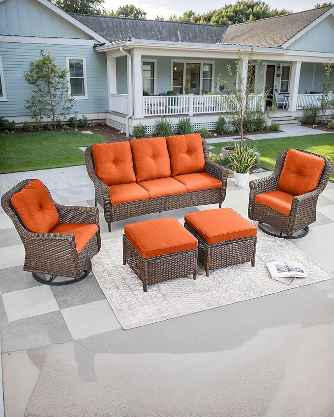 Patio Couch Outdoor Wicker Sofa - Heavy Duty All-Weather Brown Rattan 3-Seater with High Back and Comfortable Thick Cushions for Garden Back Porch Poolside Apartment - Orange