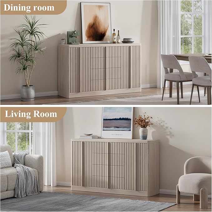 Buffet Cabinet with Storage, 60" Fluted Sideboard with 4 Drawers & 2 Door–Modern Accent Buffet Cabinet with Adjustable Shelves, Credenza Storage Cabinet for Kitchen Living Room, White Alder(1PC)