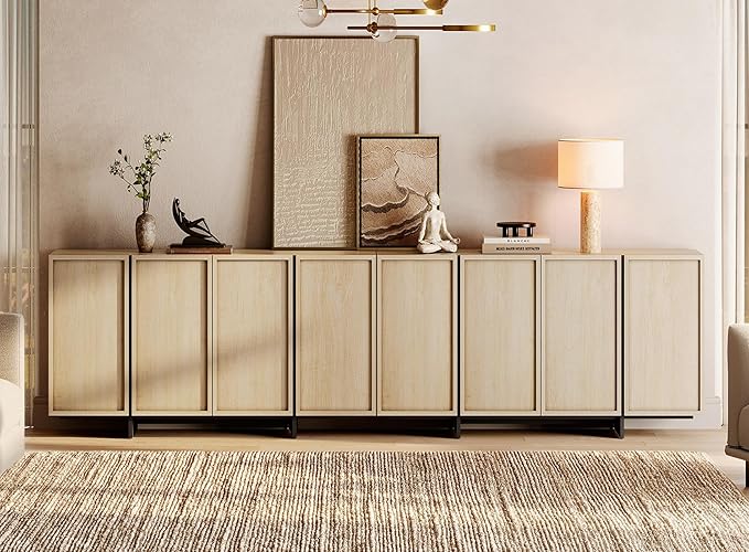WAMPAT Modern Sideboard Buffet Cabinet with 8 Doors, Multifunctional Sideboard with Large Storage and T-Shaped Legs, Coffee Bar Cabinet Storage Cabinet for Kitchen, Living Room, Light Oak