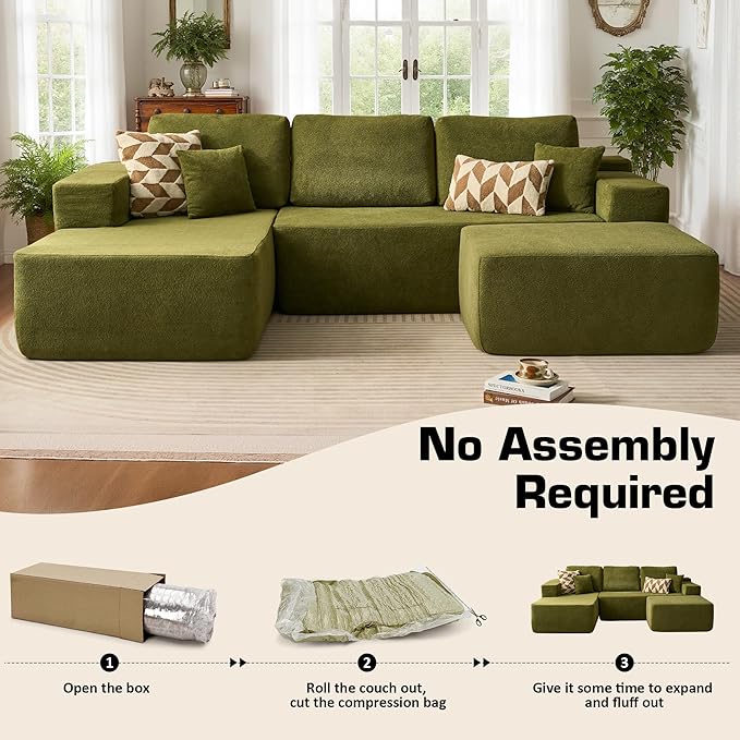 106" Cloud Sectional Couch with L-Shape Chaise & Ottoman, No Assembly Modular Sofa, Deep Seat Corduroy Boneless Couched for Living Room (Green Cloudy Velvet, Left Facing Chaise with Ottoman)