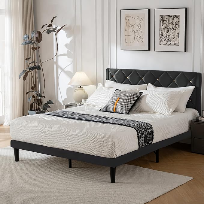 Full Size Platform Bed Frame with Velvet Upholstered Headboard and Sturdy Wooden Slats Support,Mattress Foundation，Easy Assembly, No Box Spring Needed,Slip Resistant (Black, Full)