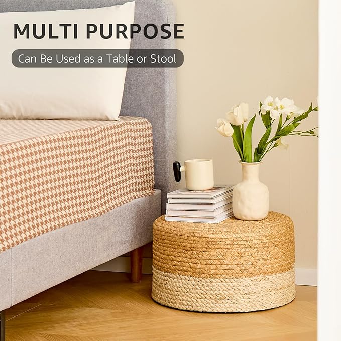 Wimarsbon Round Pouf Ottoman, Natural Hand Knitted Footrest Poof, Rustic Lounge Pouffe, Boho Pous Foot Stool, Accent Table or Seat (Natural Water Hyacinth + White Corn Husk, 17.7 * 17.7 * 9.84)