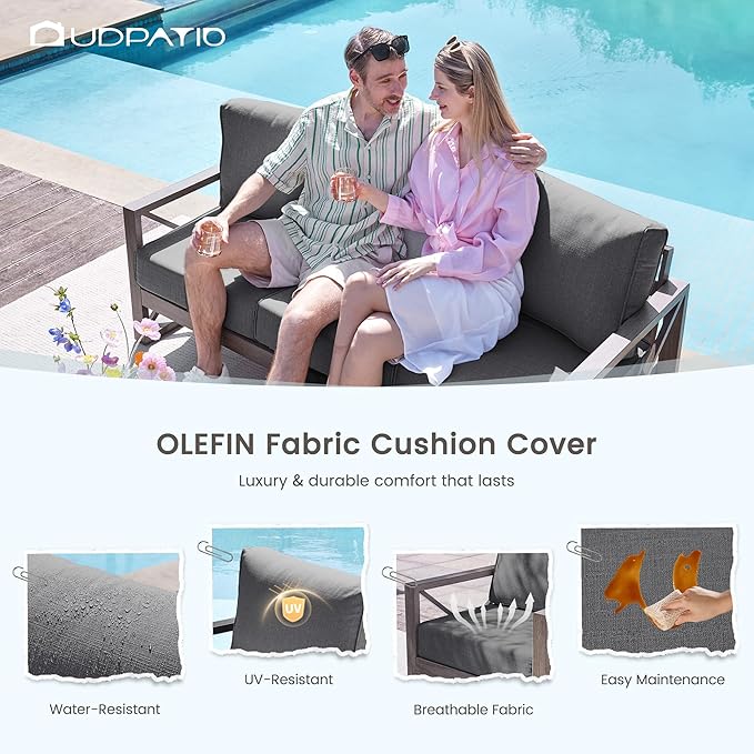 UDPATIO 4 Piece Faux Wood Aluminum Patio Furniture Set Modern Patio Conversation Set with Coffee Table for Balcony, Backyard, Deck, 600D Waterproof Furniture Cover Included, Dark Grey