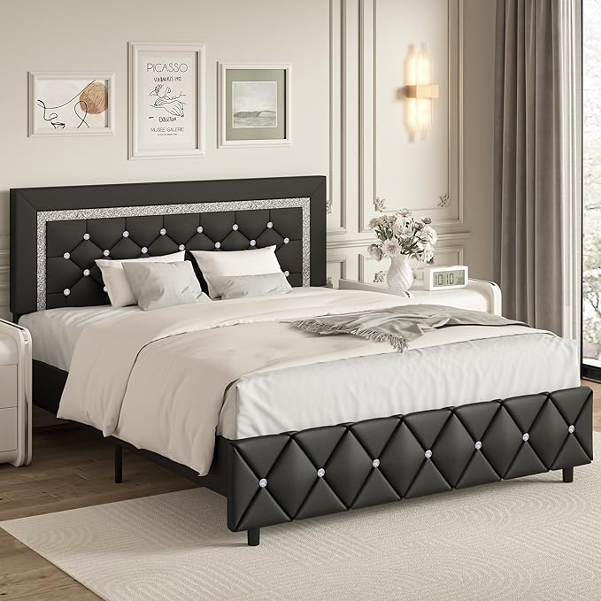 BarnFurin Queen Bed Frame with Headboard, Faux Leather Upholstered Bed with Button Tufted Headboard, Modern Platform Bed Frame with Diamond Design, No Box Spring Required, Easy Assembly, Black