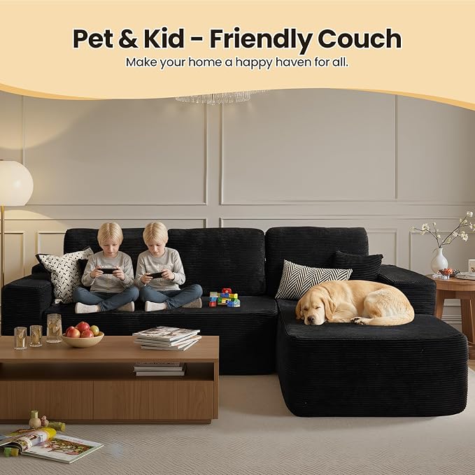 104" Cloud Sectional Couch with Chaise, Boneless L-Shaped Cloud Couch with Deep Seat, Corduroy Modern Minimalist Sofa, Assembly Free Comfy Sofa for Office Living Room Apartment(Black, Right Chaise)