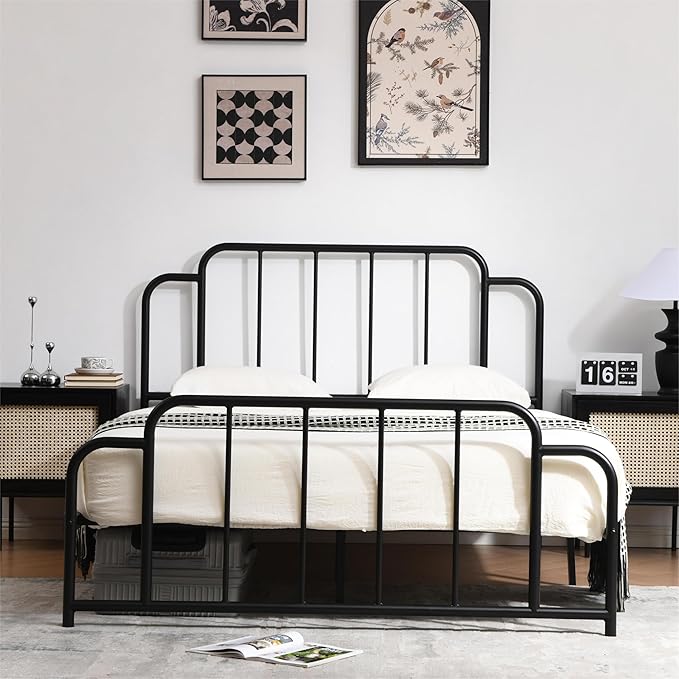 PINJU Metal Platform Bed Frame with Headboard and Footboard, Classic Style, Sturdy Metal Slats, No Box Spring Needed, Easy Installation (Black, Full)