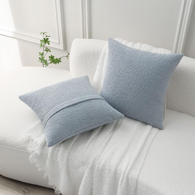 FUTEI Pack of 2 Dusty Blue Decorative Throw Pillow Covers 18x18 Inch Soft Cozy Solid Boucle Textured Cushion Case,Modern Home Decor for Couch Bed Living Room