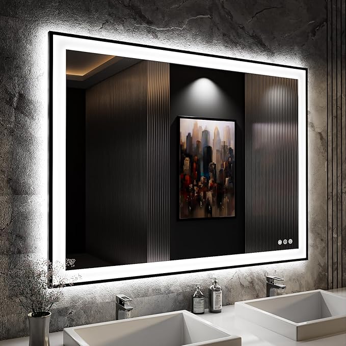 ISKM Framed LED Mirror for Bathroom 48"x36", Dimmable LED Bathroom Mirror with Lights, Anti-Fog, Front and Backlit Lighted Mirror 3-Colors, Shatterproof, Memory Function