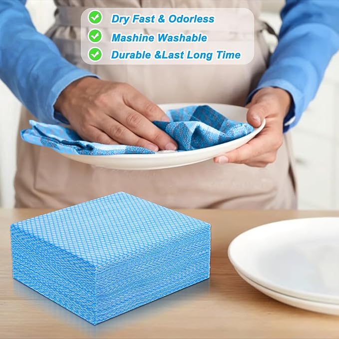 200 PCS Disposable Dish Cloths Reusable Blue Cleaning Towels Multi-Purpose Absorbent Handy Wipes for Kitchen, Countertops, Bathroom, Office, 13.7x15.7 Inch