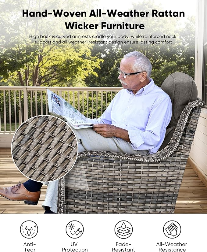 HUMMUH 6 inch Thick Cushion Wicker Patio Furniture Set with Outdoor Swivel Rocker Patio Chairs,High Back Outdoor Couch and Coffee Table for Porch Garden Deck