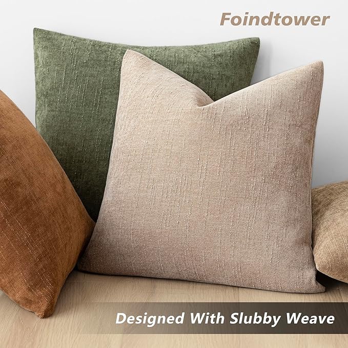 Foindtower Set of 2 Soft Textured Chenille Throw Decorative Pillow Covers Square Accent Solid Cushion Cover Cozy Neutral Farmhouse Pillow Case for Couch Sofa Bedroom Living Room 24x24 Inch,Cream Camel
