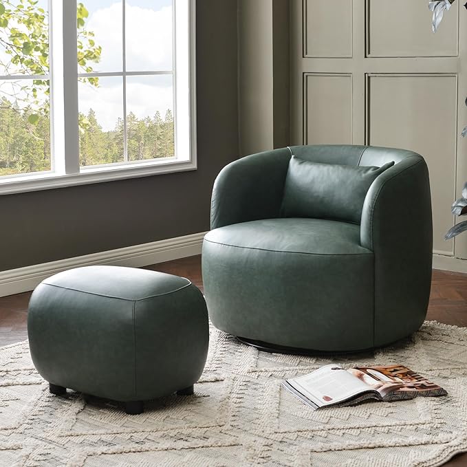 KINWELL 23" Wide Faux Leather Upholstered Ottoman, Mid-Century Modern Living Room Footrest with Soft Padded Seat, Footstool for Bedroom, Entryway or Living Room, Green
