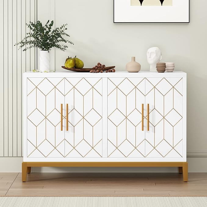 HLR Accent Cabinet with 4 Doors&Shelves, Sideboard Buffet Cabinet with Gold Trim, Modern White Storage for Living Room, Entryway, Kitchen, Dining Room, Hallway