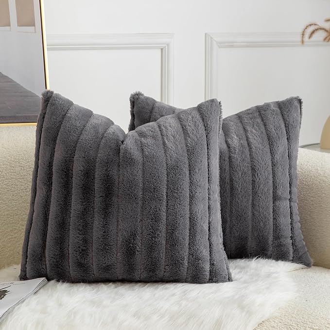 Pack of 2 Faux Fur Throw Pillow Covers 20x20 Inch Striped Decorative Soft Plush Couch Pillow Case Home Decor for Bed, Sofa, Living Room Darkgrey