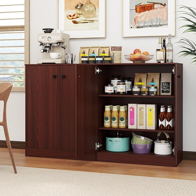 GOFLAME Floor Storage Cabinet with 2 Doors, Freestanding Accent Storage Cabinet Organizer with 3-Tier Inner Shelves, Modern Sideboard Buffet Cabinet for Kitchen, Living Room, Entryway, Dark Brown