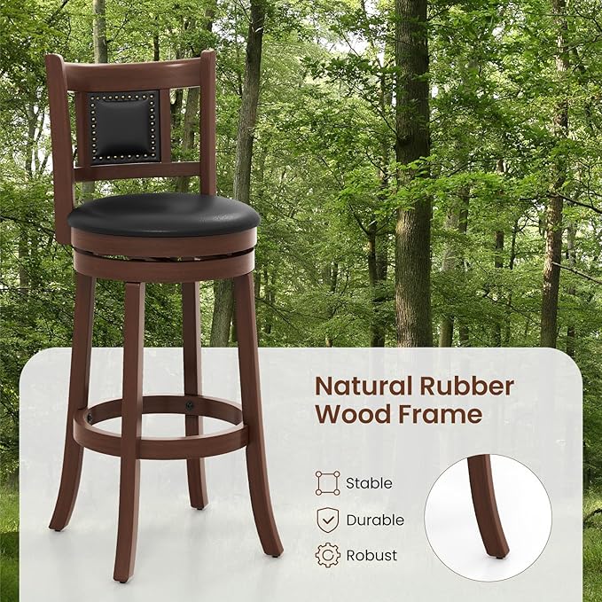 COSTWAY Bar Stools Set of 4, 30.5” Swivel Upholstered Bar Height Bar Stool w/Curved Backrest & Cushioned Seat, Solid Rubber Wood Legs & Resting Footrest, Bar Chairs for Kitchen Island (4, 30.5”)