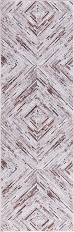 SAFAVIEH Washable Rug Faux Hide Collection - 2'6" x 10' Runner, Beige & Brown, Slip Resistant, Western Rustic Decor, Printed Pattern, Ideal for Living Room, Bedroom, Office, Dining Space (FAH526A)