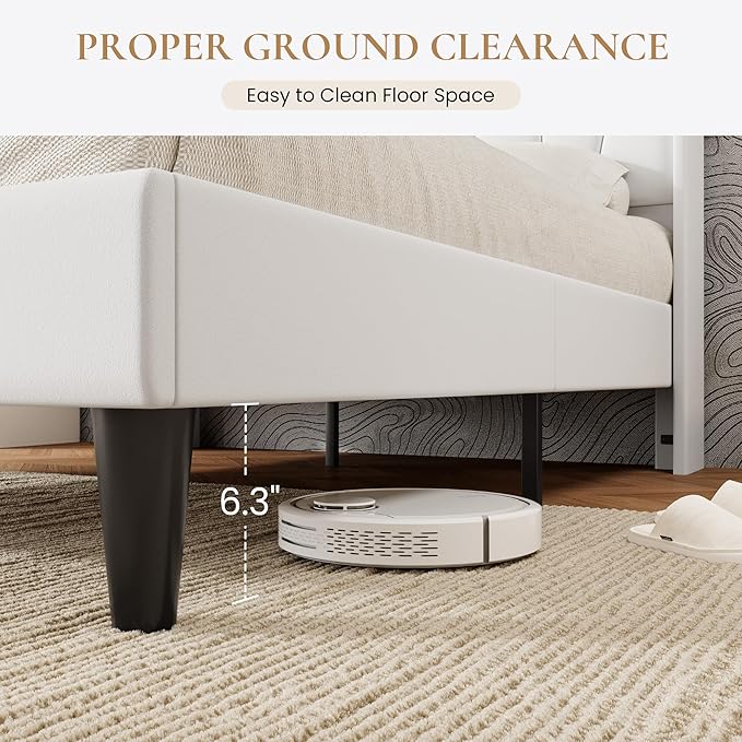 SHA CERLIN King Size Bed Frame with Charging Station and LED Lights, Modern Velvet Platform Bed with Upholstered Geometric Wingback Headboard, No Box Spring Needed, Easy Assembly, White