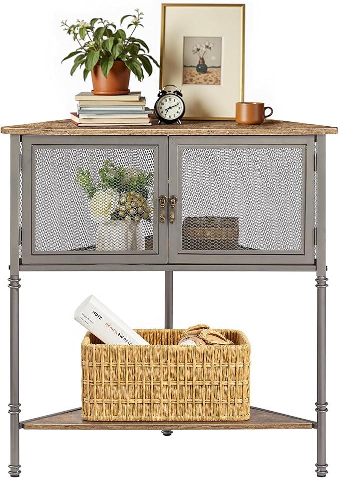 VECELO 3 Tier Corner Shelf,Corner Table with Mesh Door and Open-Shelf,Corner Cabinet Stand,Metal Frame Organizer Display Storage Shelves for Bedroom,Living Room,Kitchen,Bathroom