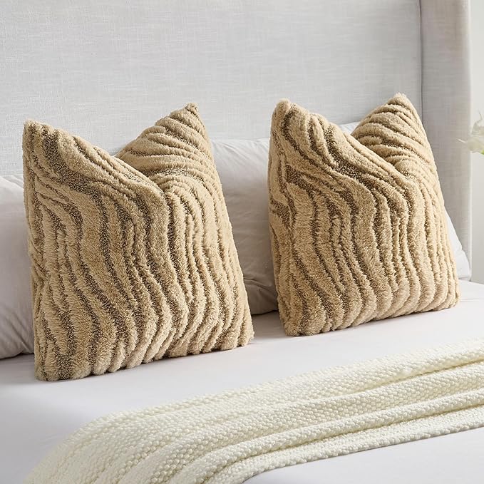 FUTEI Khaki Decorative Throw Pillow Covers 24x24 Inch Set of 2,Soft Faux Fur Geometric Shapes Texture European Cushion Case,Boho Home Decor for Couch Bed Living Room