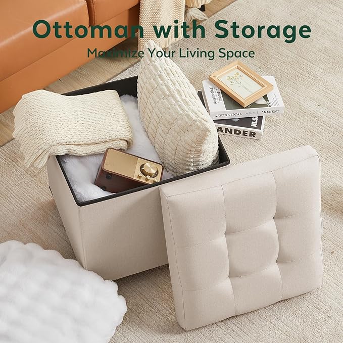 17.7" Ottoman with Storage, Square Storage Ottoman for Dorm, Linen Ottomans with Legs for Living Room, Bedroom, Beige
