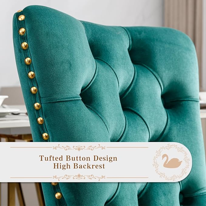 Velvet Upholstered Dining Chairs Set of 2, Modern Style Kitchen Side Chairs with Nailhead Trim and Gold Plated Leg, Metal Pulling Ring for Dining Room Living Room(Green,Set of 2)