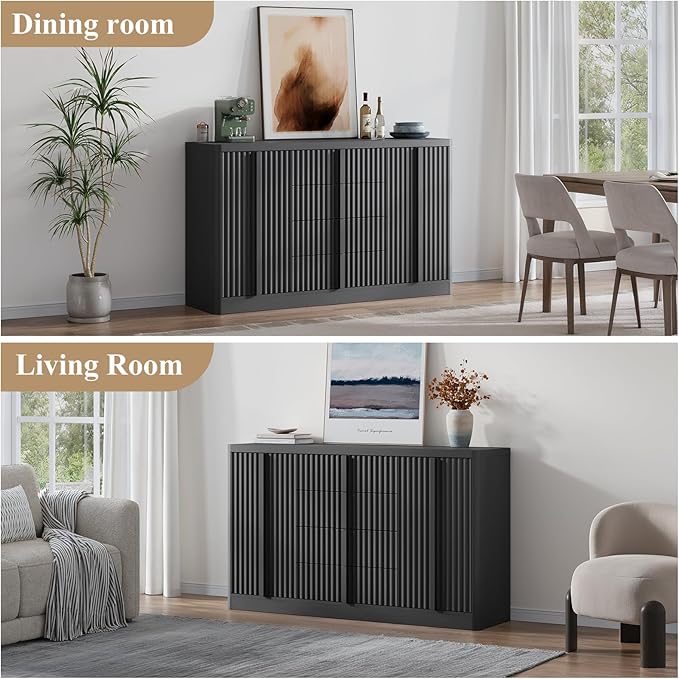 Buffet Cabinet with Storage, 60" Fluted Sideboard with 4 Drawers & 2 Door–Modern Accent Buffet Cabinet with Adjustable Shelves, Credenza Storage Cabinet for Kitchen, Dining, Living Room,Black(1PC)