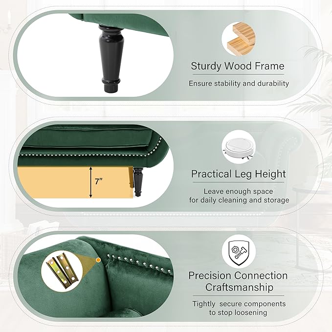 Christopher Knight Home Aurora Velvet Chaise Lounge Indoor with 2 Bolster Pillows, Upholstery Entryway Bench with Nailhead Trim & Curved Arms, End of Bed Bench Ottoman and Wooden Legs, Green