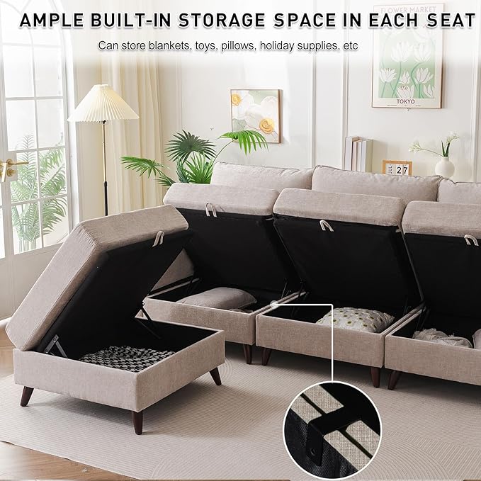 104'' Modular Sectional Sofa with All Seats Storage, Oversized L Shaped Couch for Living Room,3-Seater Comfy Cloud Couches with Movable Ottoman,Big Sectional for Bedroom,Velet,Khaki