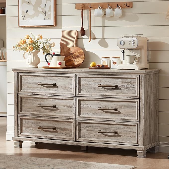 Farmhouse Bedroom Dresser and Nightstand Set of 4, 6 Drawer Low & 5 Drawers Dresser & 3 Drawer Nightstand Set with Wooden Legs, Rustic Wood Bedroom Furniture for Livingroom, Hallway, Grey