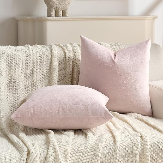 FUTEI Pink Velvet Throw Pillow Covers 22x22 Inch Set of 2,Soft Embossed Leaf-Relief Textured Cushion Cases,Natural Home Decor for Couch Living Room