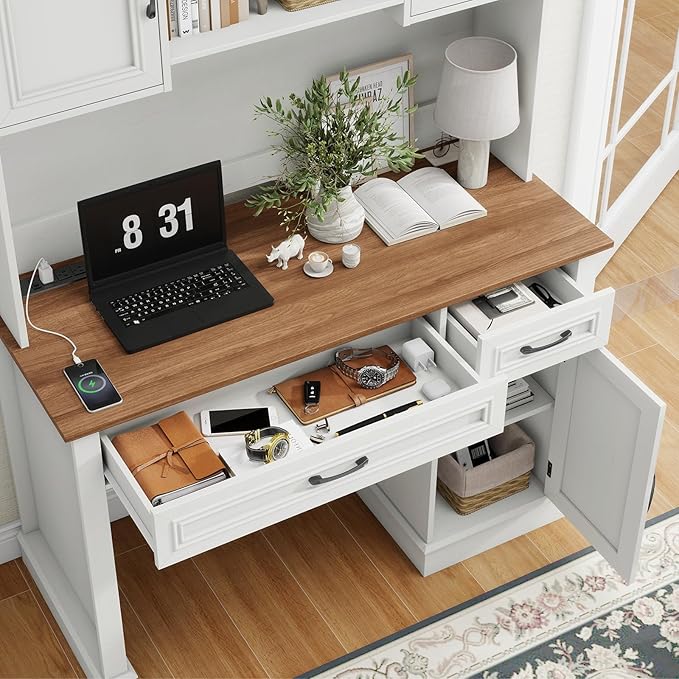 Vabches Farmhouse 47" Executive Desk with Hutch, 2 Drawers and LED Light, Computer Desk with Storage Cabinet and Charging Station,Workstation for Home Office and Study.Unique White