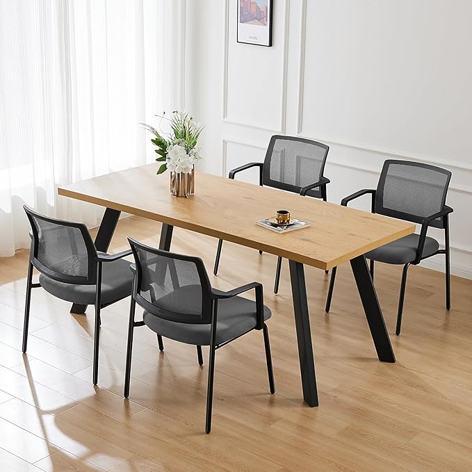 DUMOS Grey Stackable Arm Chairs with Mesh Back and Upholstered Fabric, Sturdy Metal Frame, Easy to Store and Use, Perfect for Indoor and Outdoor Spaces, 4 Chair