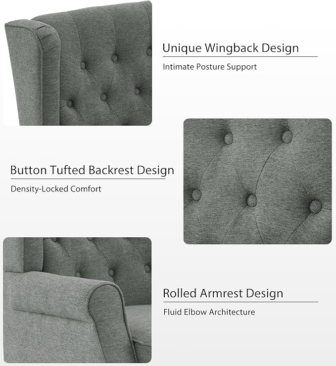 Lumibee High Back Accent Chair,Upholstered Wingback Armchair with Solid Wood Legs for Small Spaces,Comfy Single Sofa Chair for Living Room,Bedroom,Office-Gray