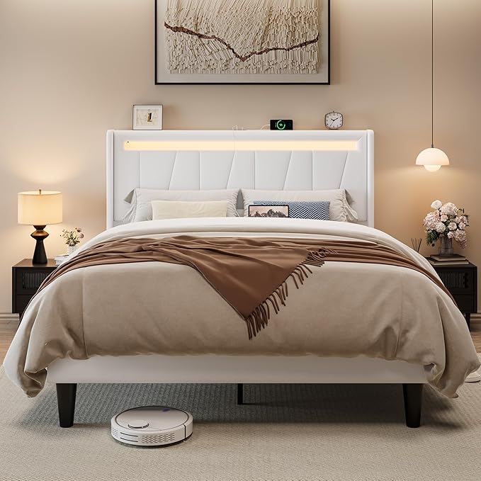 Allewie Queen Size LED Bed Frame with Charging Station, Velvet Upholstered Platform Bed with Geometric Wingback Headboard, Modern Frame with No Box Spring Needed, Easy Assembly, White
