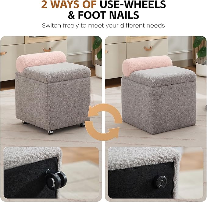 Boucle Vanity Chair with Storage, Swivel Makeup Vanity Chair with Wheels & Safety Hinge, Upholstered Vanity Stool Ottoman for Bedroom, Dressing Room, Grey