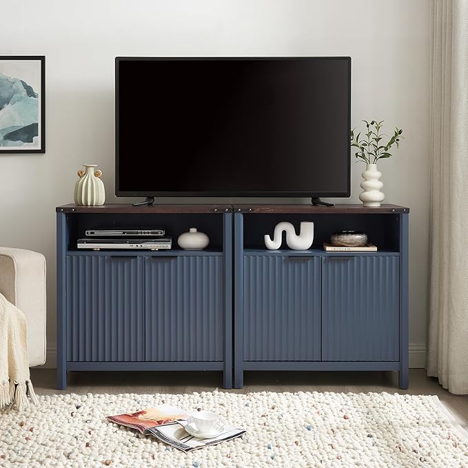 Buffet Cabinet with Storage - Modern Farmhouse Rustic 32 Fluted Sideboard Storage Cabinet Buffet with Adjustable Shelves, Coffee Wine Bar Organizer for Dining Room (Navy Blue)