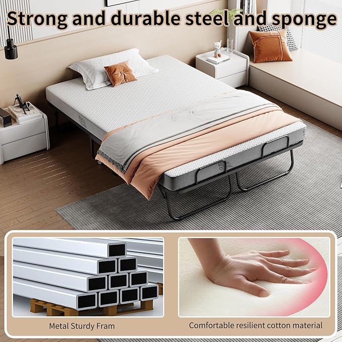 Folding Bed with Mattress 75"x54" Extra Wide Double Folding Bed, Upgraded Sturdy Construction Portable with Mattress for Adult Guests, Folds Down to Save Space (75" x 54")