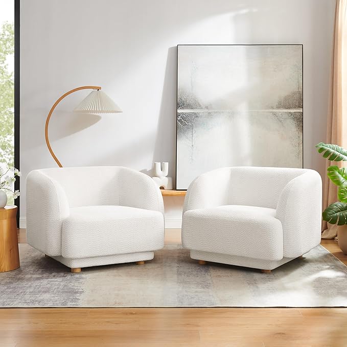 VANOMi Oversized Living Room Chair, Modern Comfy Accent Barrel Chairs, Single Sofa Chair with Wood Legs, Upholstered Armchair for Bedroom, Office, Waiting Room (White)