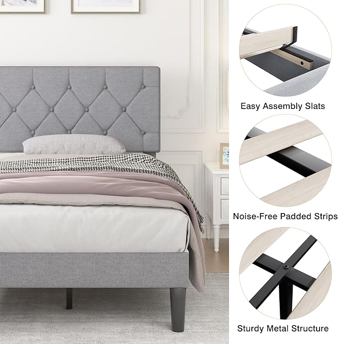 VECELO Twin Bed Frame with Button Tufted Headboard, Upholstered Platform with Wooden Slat Support, No Box Spring Needed, Linen Grey