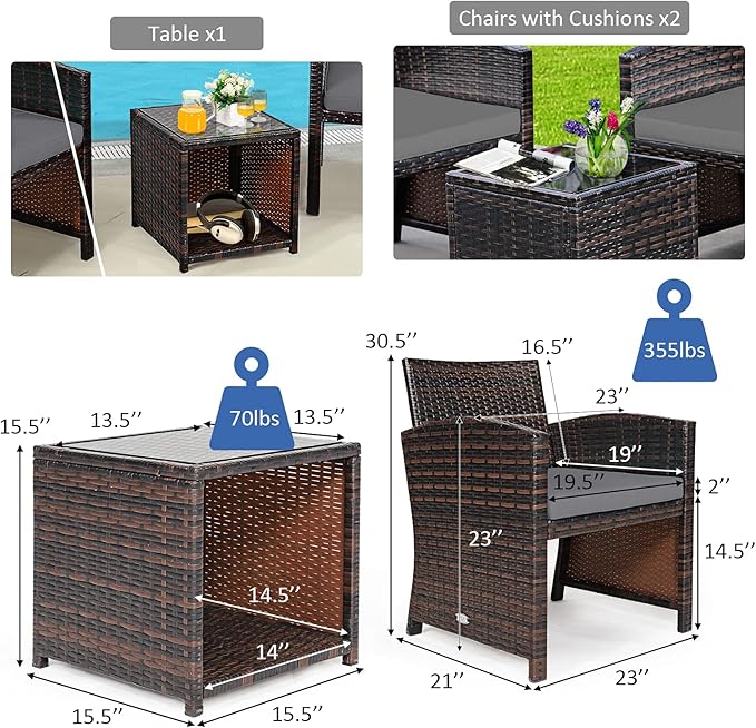 COSTWAY 3 Pieces Patio Furniture Sets, Outdoor Rattan Conversation Set with Tempered Glass Tabletop and Soft Cushion, Wicker Cushioned Chair Sofa for Backyard, Porch, Poolside, Lawn, Gray
