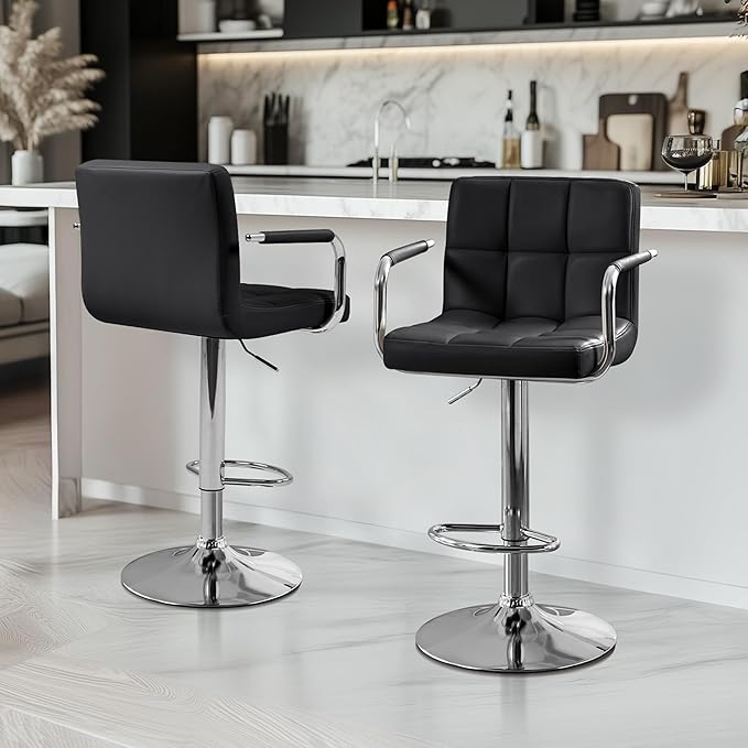 Yaheetech Bart Stools Set of 4, PU Leather Adjustable Barstools with Armrest, Counter Height Stool Chairs with Thickened Seat Cushion for Kitchen Island, Black