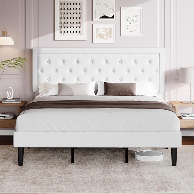 Allewie King Size Velvet Upholstered Bed Frame with Adjustable Headboard, Diamond Tufted Design, Wood Slat Support, Noise-Free EVA Strip, Easy Assembly, White