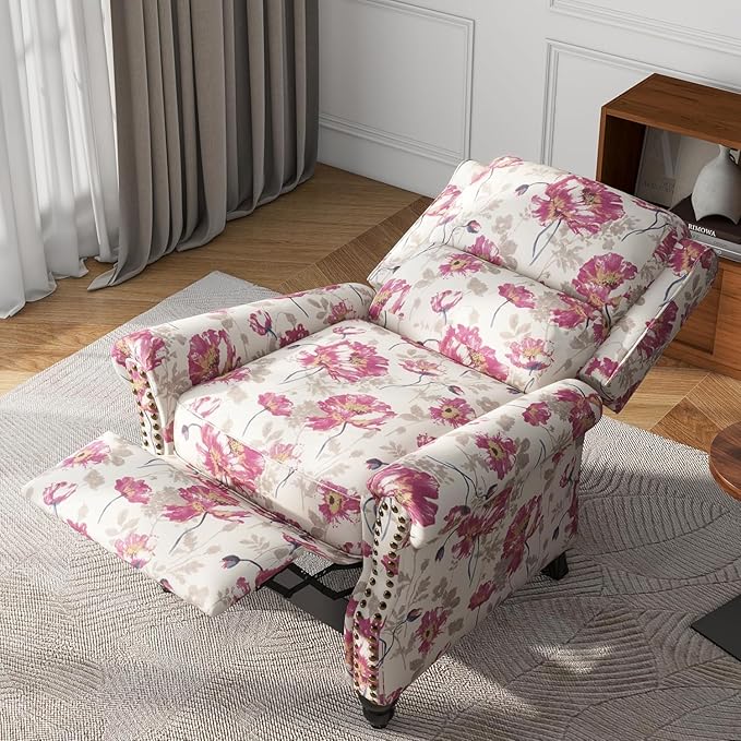 UIXE Floral Pushback Recliner Chairs Set of 2, Fabric Overstuffed Armchair Push Back Accent Chair for Living Room, Rivet Trim Club Chair Home Theater Single Sofa Bedroom Reading Seat