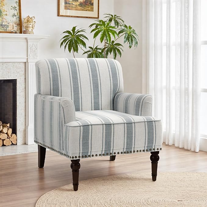 Pia Ricco Stripe Accent Chairs 2 Pack - Modern Nailhead Trim Armchairs with Wood Legs, Comfy Living Room Bedroom Home Office Seating-Light Blue
