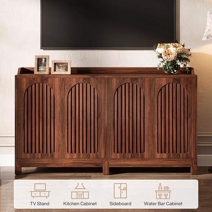 Tribesigns 57" Buffet Cabinet with Storage, Walnut Farmhouse Sideboard Cabinet with Doors & Shelves, Freestanding Wooden Accent Sideboard for Dining Room, Kitchen, Living Room