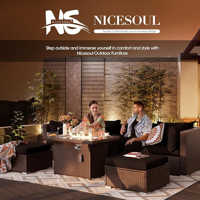 NICESOUL Modern Large Patio Furniture Set with Firepit Propane/Natural Gas, 29.3'' High Back Comfy Outdoor Sectional Couch Sofa Sets, 9 Piece Extra Wide Modular Sitting, Brown Rattan and Black Cushion